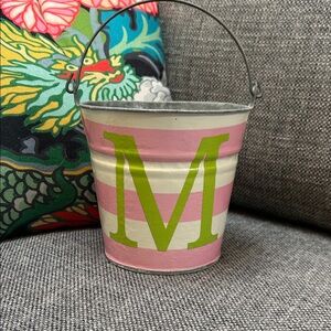 Pink and White Striped Bucket with Green Letter